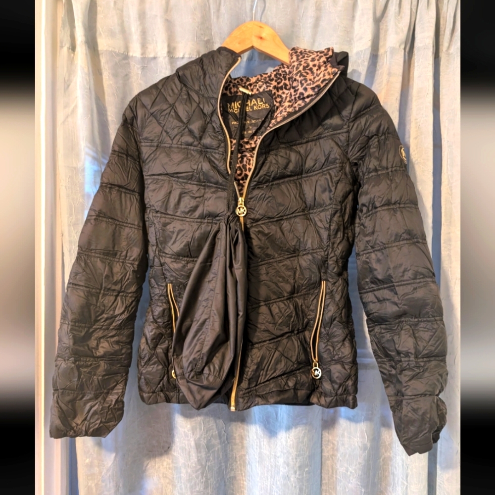 Michael Kors Black Quilted Jacket with Leopard Lining